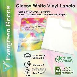 A4 White Vinyl Inkjet Printable GLOSSY Self Adhesive Waterproof Sticker Sheet