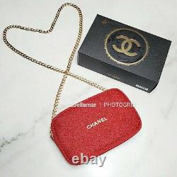 Authentic Chanel Limited Edition Holiday 2020 Metallic Red Clutch Bag with Chain