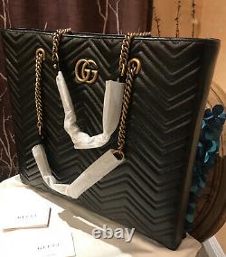 Stunning! GUCCI 524576 Marmont Leather Tote Bag Handbag Black With GG Logo Chevr